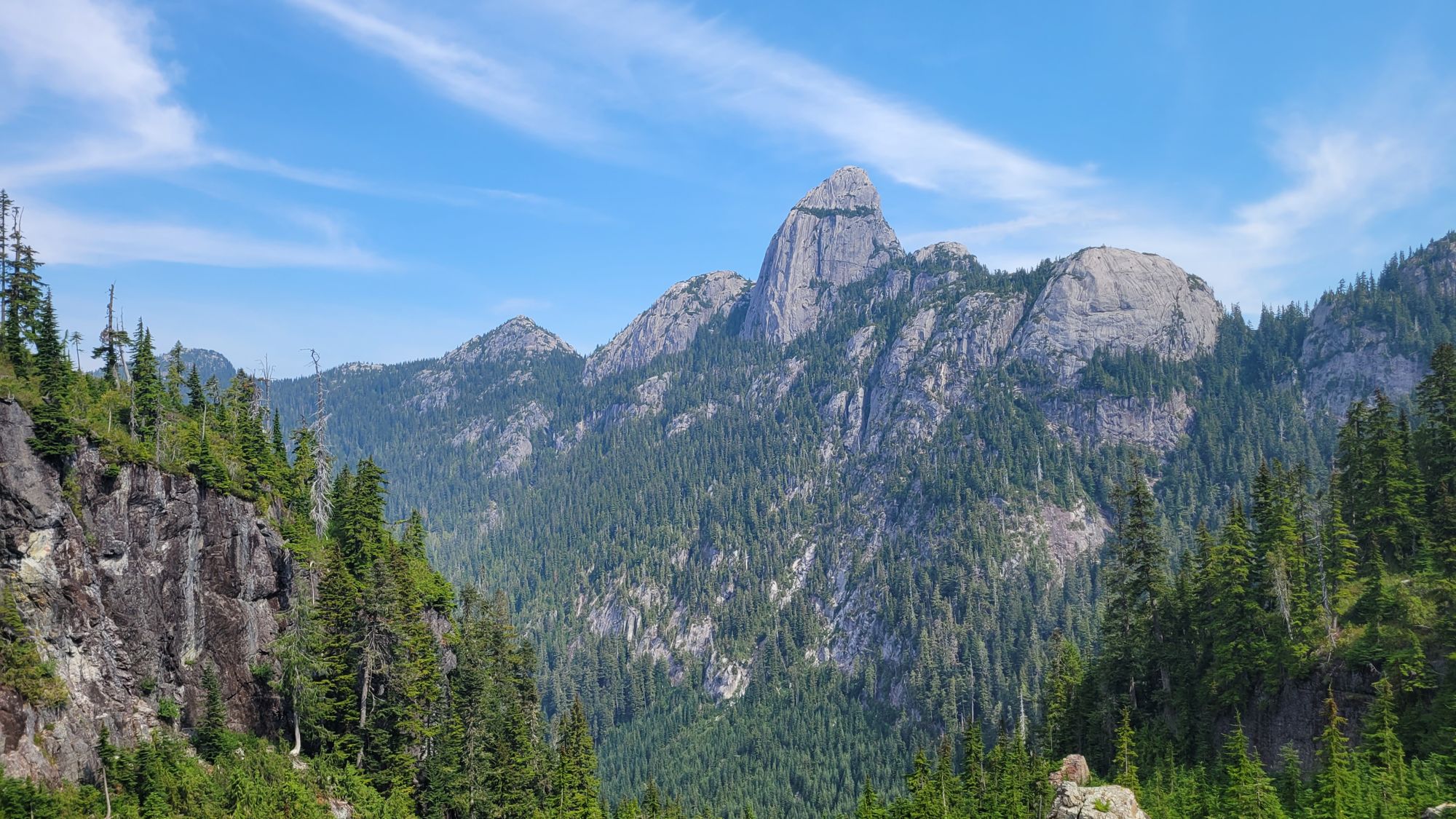 Forested valley and granite peaks in the Sea to Sky region